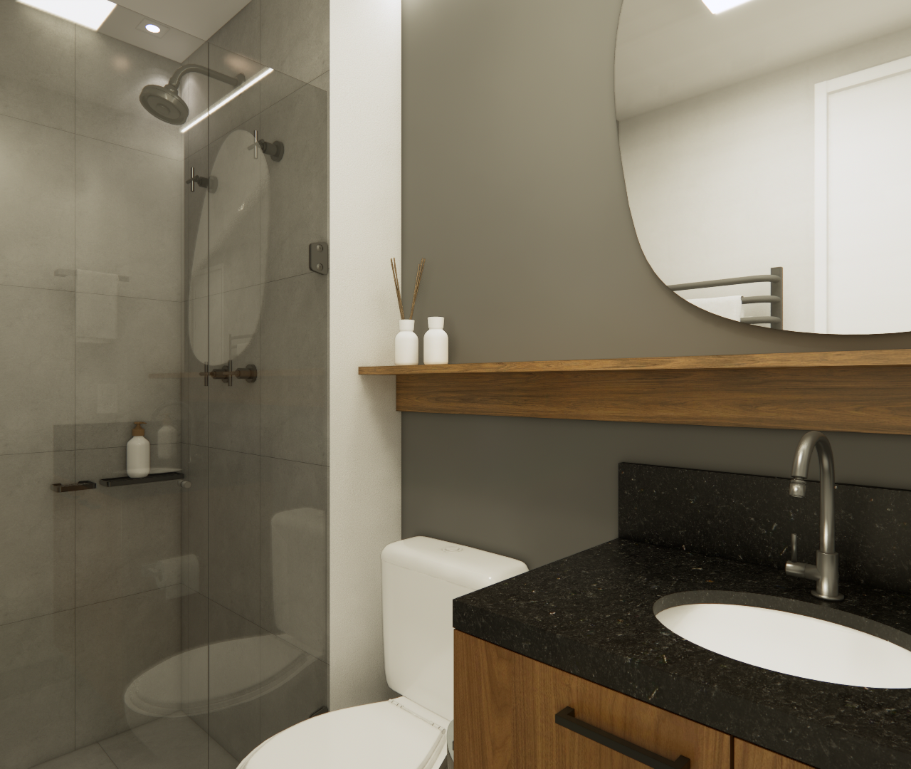 Render 3D de banheiro compacto: box de vidro, revestimento cinza, gabinete em madeira, bancada preta e espelho oval
