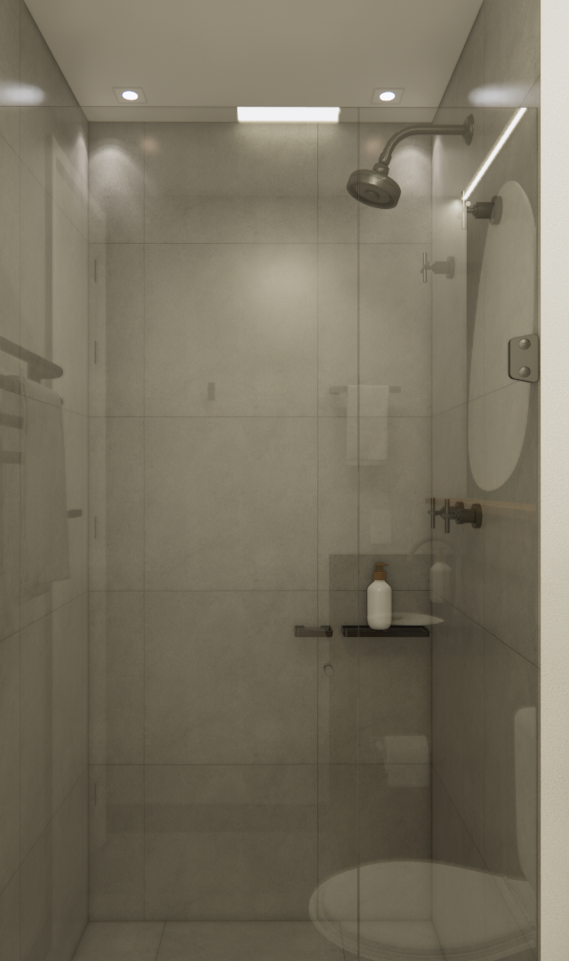 Render 3D de banheiro com box de vidro, paredes cinza, toalheiro metálico, prateleira de madeira e iluminação embutida