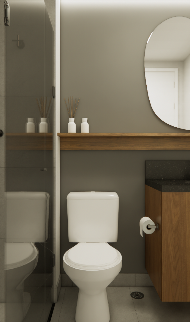 Render 3D de banheiro moderno com marcenaria em madeira, bancada preta, espelho orgânico e revestimento cinza no box