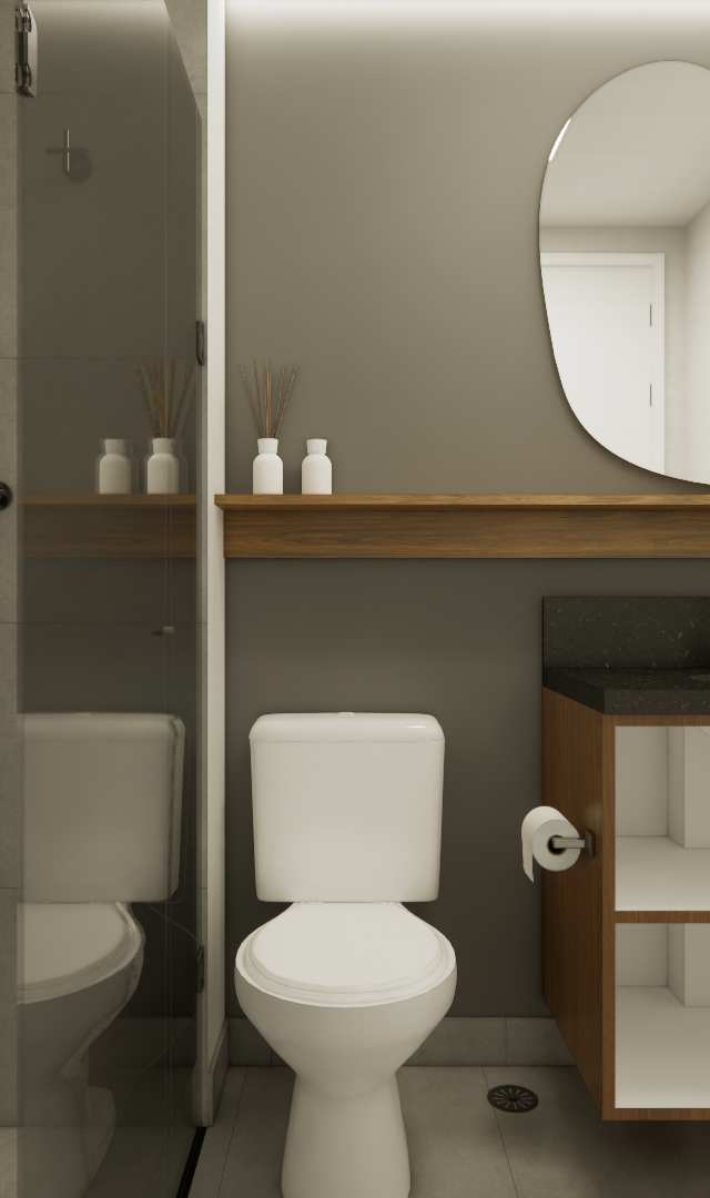 Render 3D de banheiro moderno com revestimento cinza, marcenaria em madeira, espelho orgânico e iluminação suave