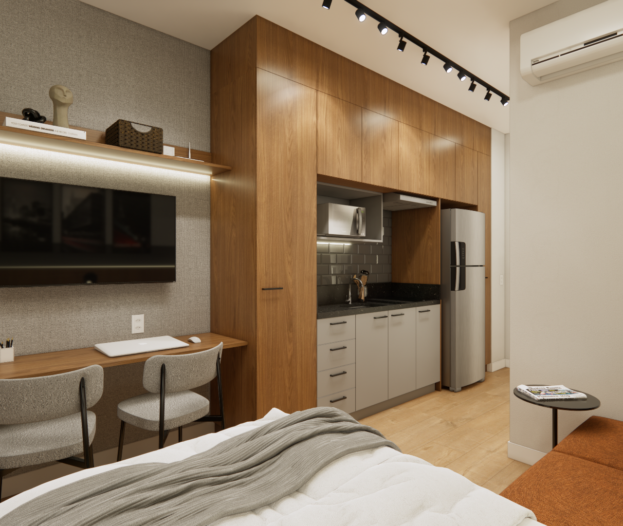 Render 3D de estúdio com marcenaria em madeira, bancada de trabalho, cozinha compacta cinza e sofá terracota, iluminação LED
