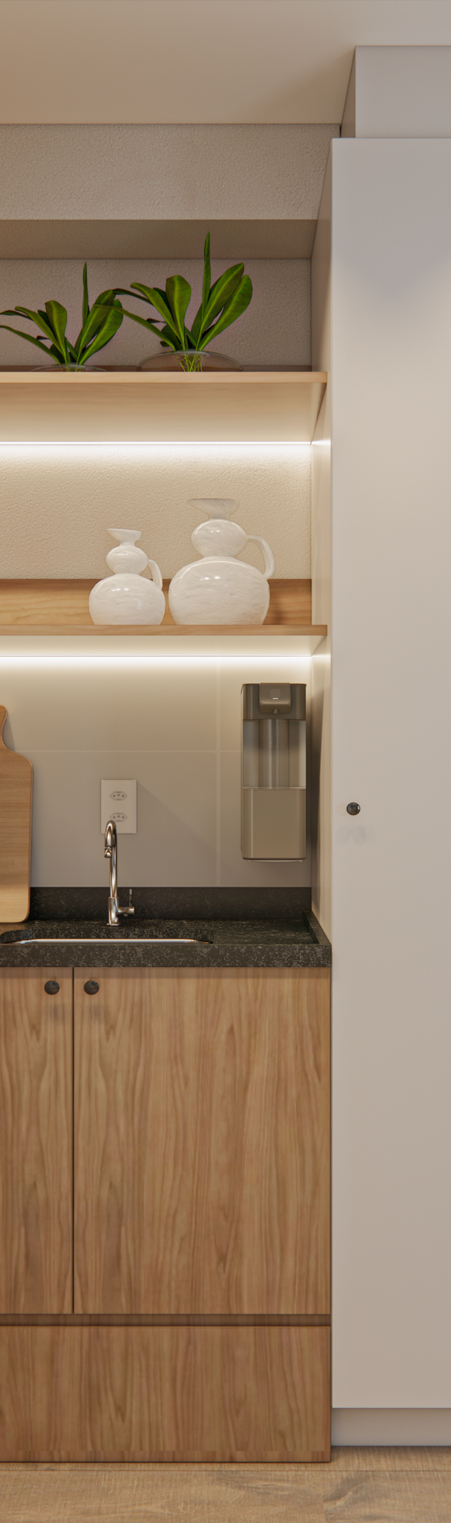 Render 3D de cozinha compacta e home office com marcenaria em tom amadeirado, detalhes brancos e iluminação em fita LED