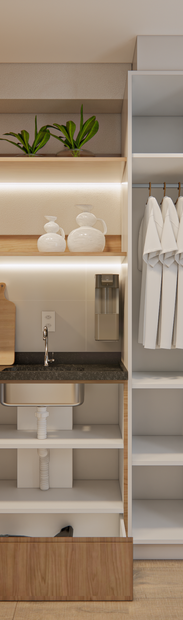 Render 3D de estúdio com marcenaria em madeira e branco, cozinha compacta, bancada com duas cadeiras e iluminação em LED