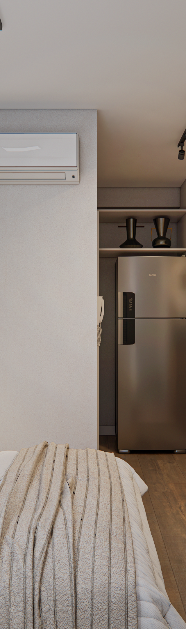 Render 3D de estúdio no projeto LB - REM ID Alto da Vila Romana com marcenaria em tons de madeira, cama e kitchenette