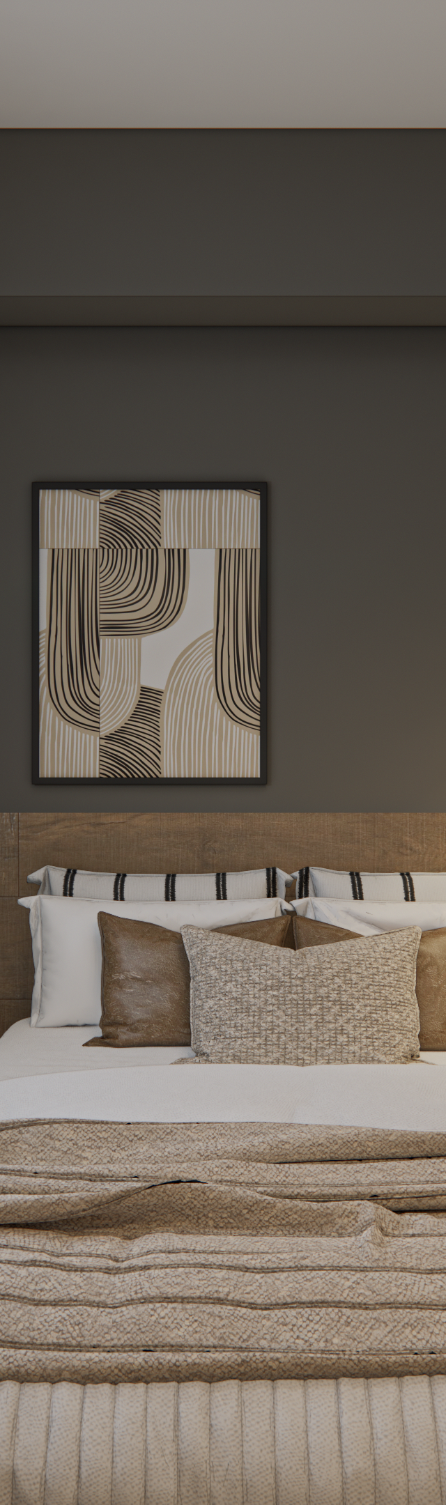 Render 3D de quarto com cama, cabeceira amadeirada, parede cinza, iluminação aconchegante e cortinas cinzas longas