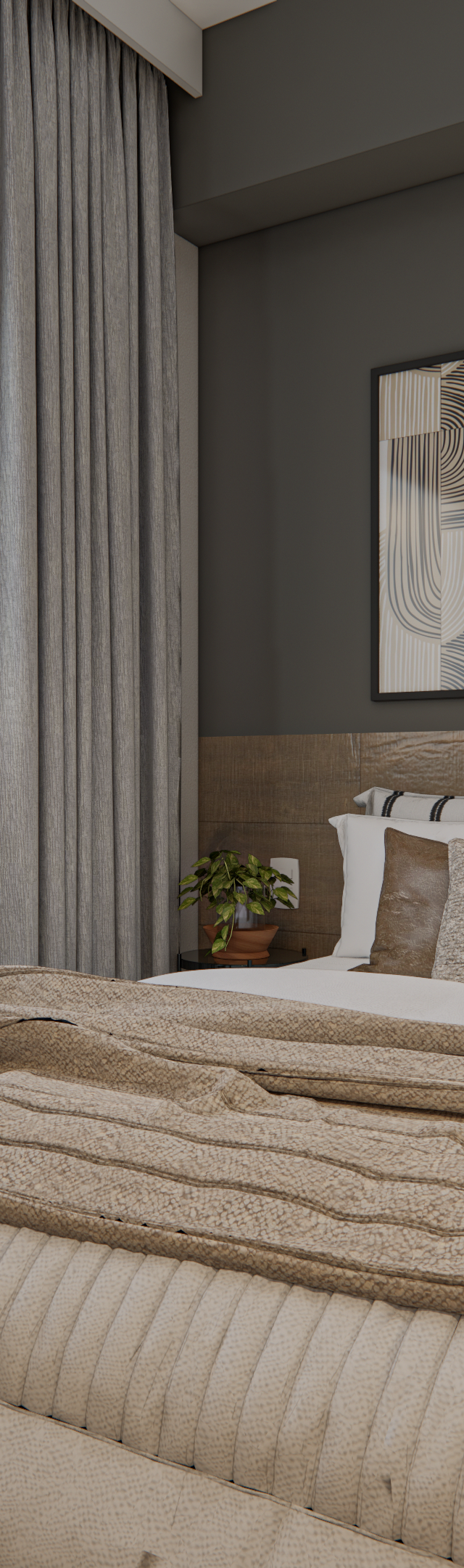 Render 3D de quarto com cama de casal, cabeceira amadeirada, paredes cinza, iluminação quente e cortinas longas