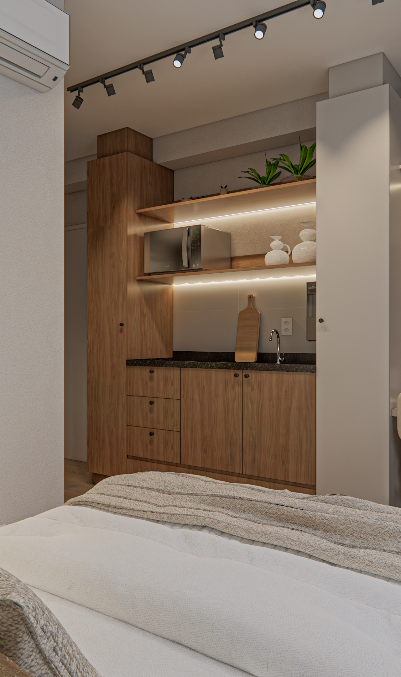 Render 3D de suíte no LB - REM ID Alto da Vila Romana com marcenaria em madeira, copa integrada e iluminação em fita LED