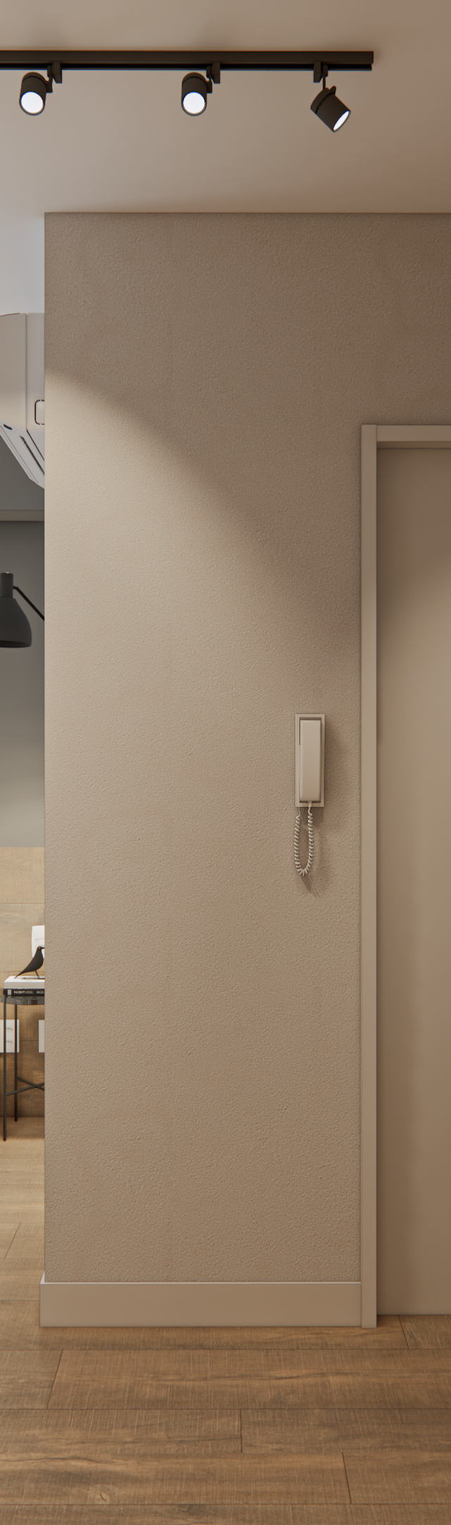 Render 3D de quarto integrado em tons neutros, piso amadeirado, parede cinza, cama com enxoval bege e iluminação em trilho