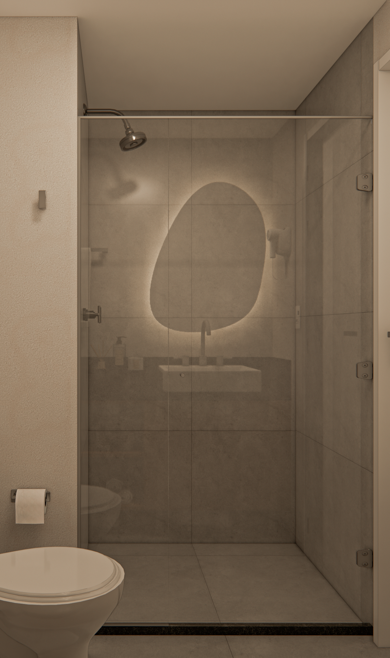 Render 3D de banheiro neutro com box de vidro, espelho orgânico iluminado, revestimento cinza e vaso sanitário branco