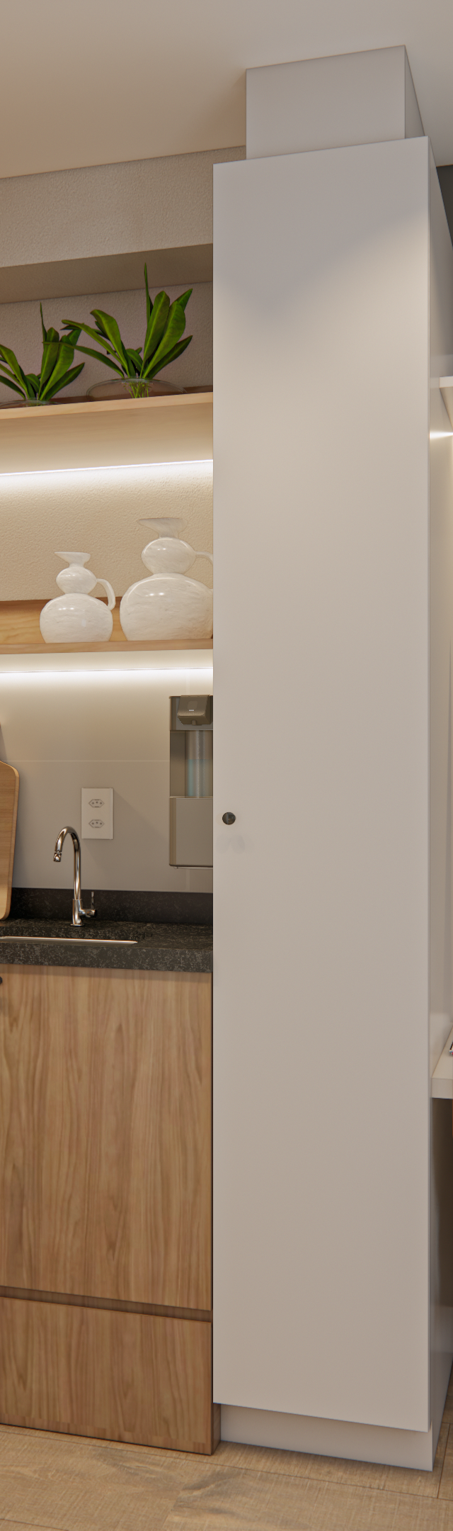 Render 3D de cozinha compacta e home office integrados, marcenaria em madeira clara, bancada preta e iluminação em LED