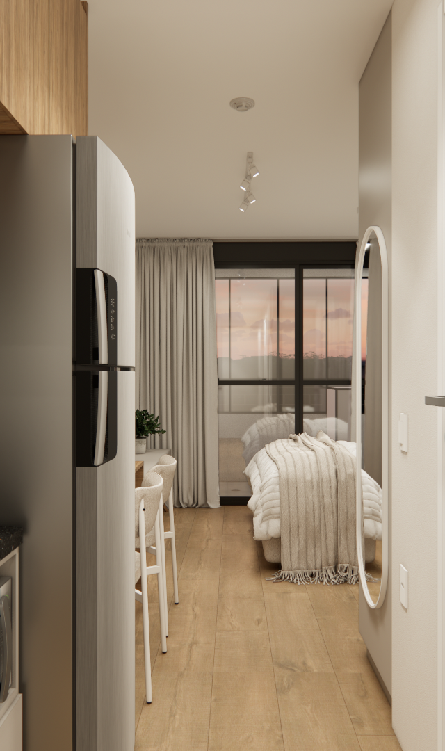 Render 3D de estúdio em Vila Madalena com cozinha integrada, marcenaria em madeira e tons neutros, vista para quarto