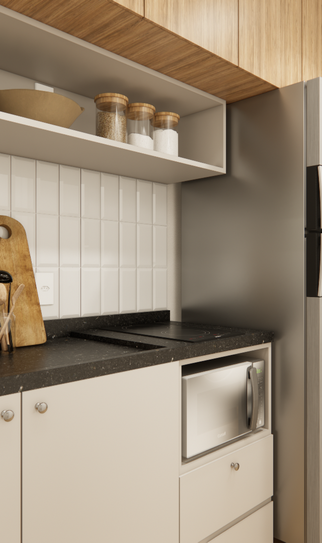 Render 3D de cozinha compacta com marcenaria clara, bancada preta, azulejos brancos, geladeira inox e integração com sala