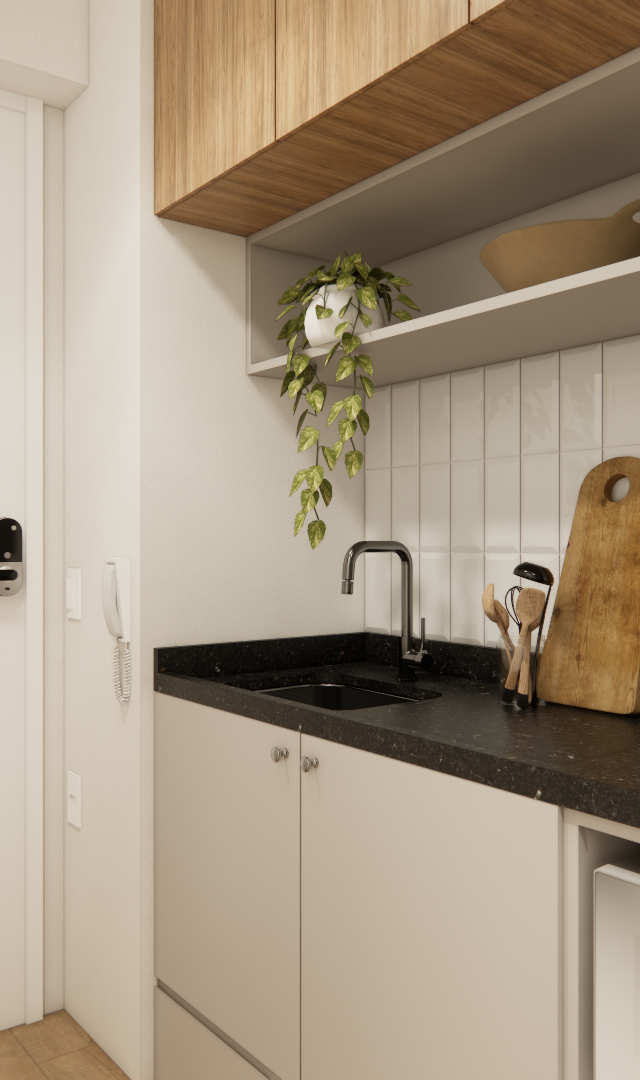 Render de cozinha compacta com marcenaria em madeira e tons claros, bancada preta, azulejos brancos e iluminação natural