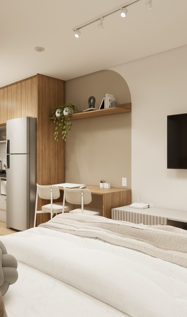Render 3D de estúdio de 31m² com tons neutros, marcenaria em madeira e bege, cama, TV e bancada de trabalho integrada