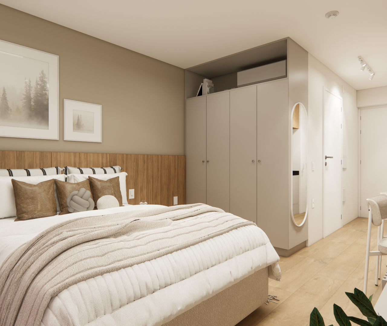 Render 3D de dormitório compacto com marcenaria em madeira e bege, cama casal, quadros decorativos e iluminação suave
