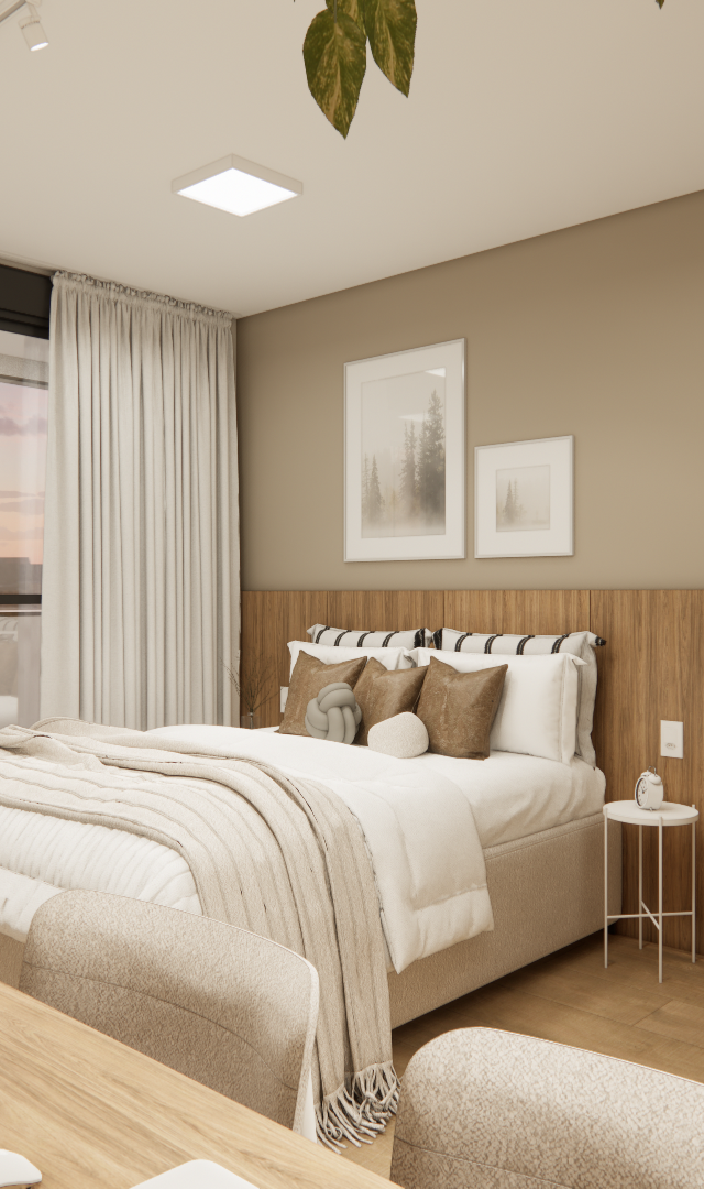 Render 3D de quarto em tons neutros com cama, painel de madeira, mesa de trabalho e varanda envidraçada na Vila Madalena