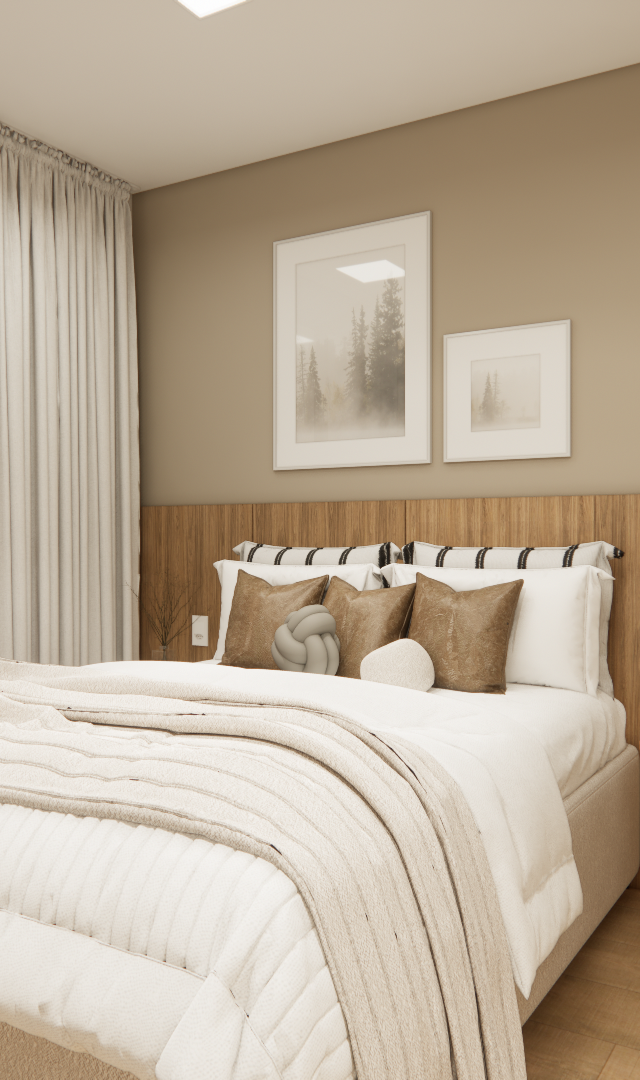 Render 3D de quarto com cama de casal, painel de madeira, paredes beges, cortina branca e varanda com pôr do sol