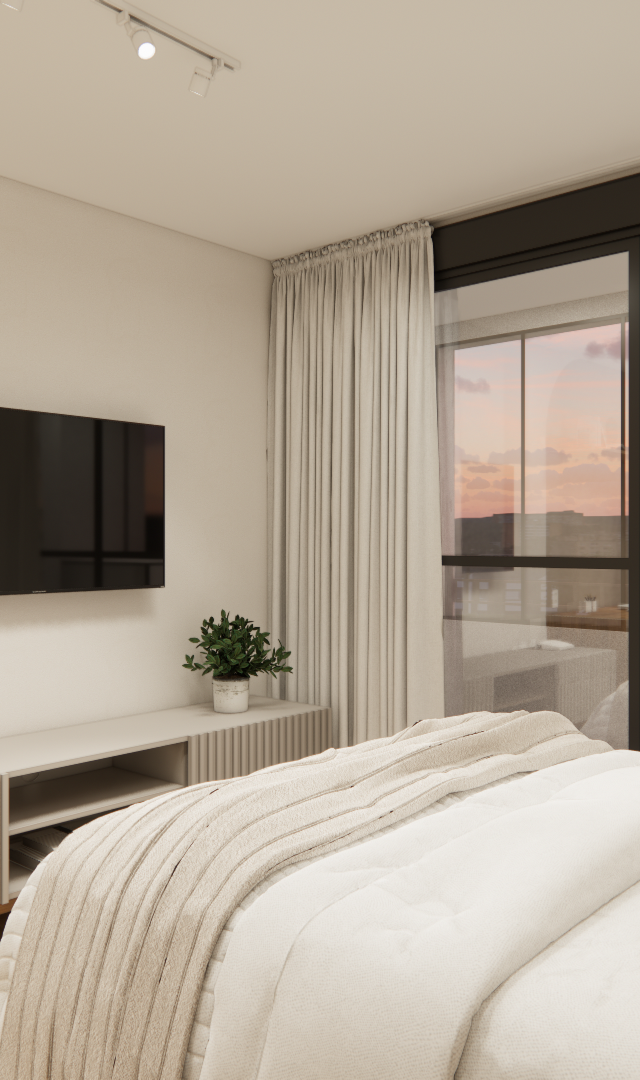 Render 3D de quarto pequeno com tons claros, TV na parede, rack ripado, mesa de madeira e cama com almofadas marrons