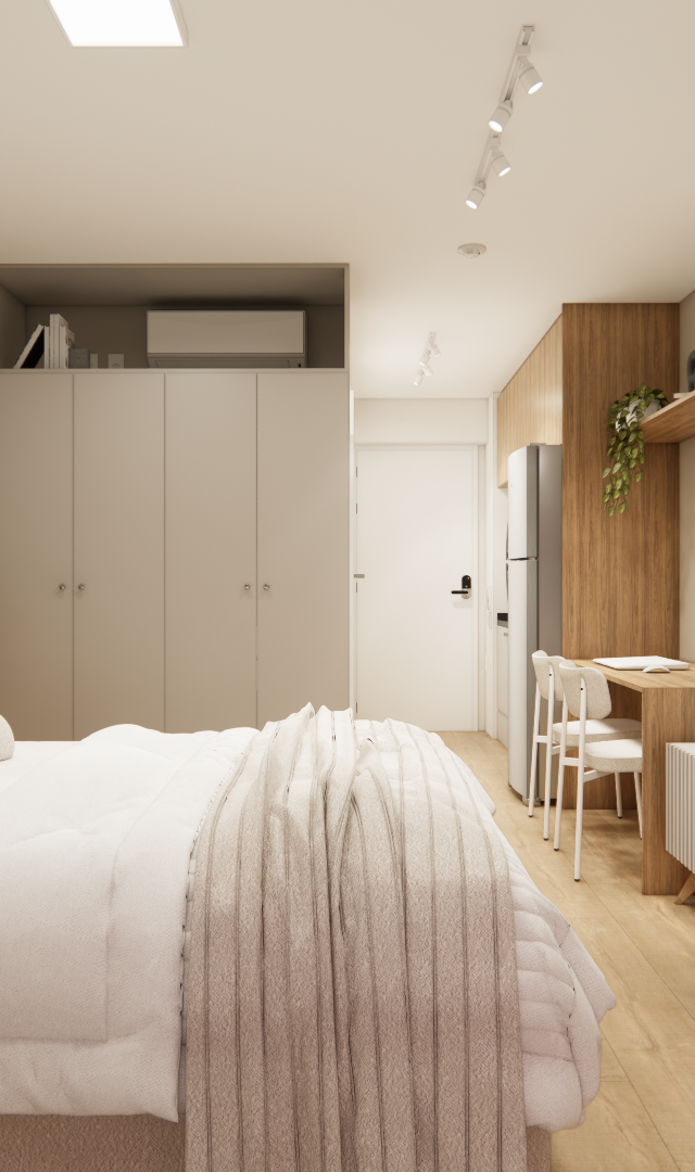 Render 3D de estúdio de 31m² em tons neutros, com cama, armários, bancada de madeira e marcenaria ripada, luz suave e clara