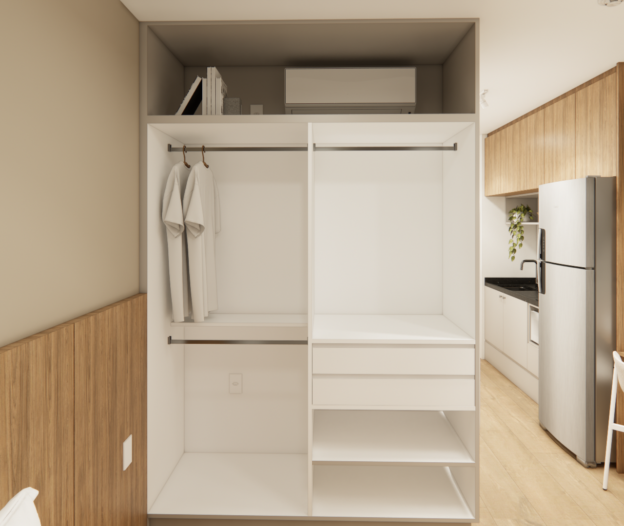 Render 3D de closet aberto em marcenaria branca e amadeirada integrada a apartamento de 31 m² com cozinha e mesa de apoio