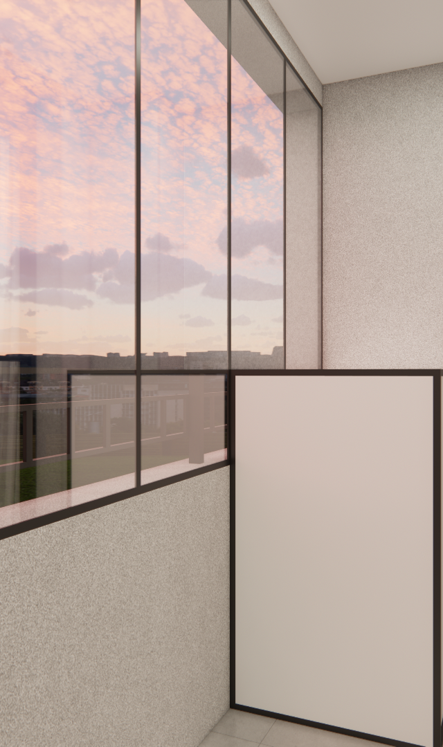 Render 3D de varanda gourmet com fechamento em vidro, paredes cinza texturizadas e vista para o céu ao pôr do sol