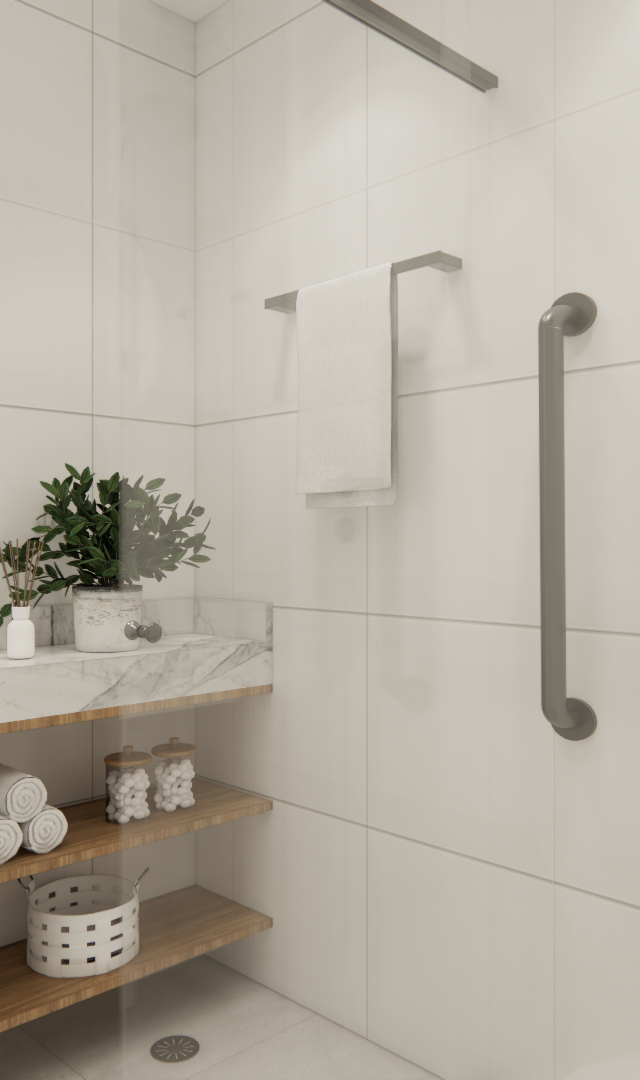 Render 3D de banheiro compacto com paredes brancas, marcenaria cinza, bancada em mármore, prateleiras de madeira e espelho