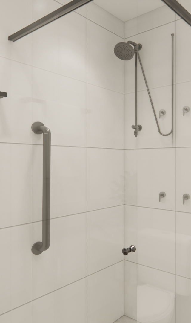 Render 3D de banheiro compacto com azulejos brancos, metais pretos, barra de apoio e planta decorativa em tons claros