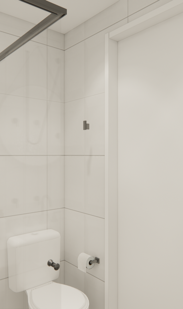 Render 3D de banheiro claro com revestimentos brancos, metais pretos, bacia sanitária, porta branca e iluminação suave