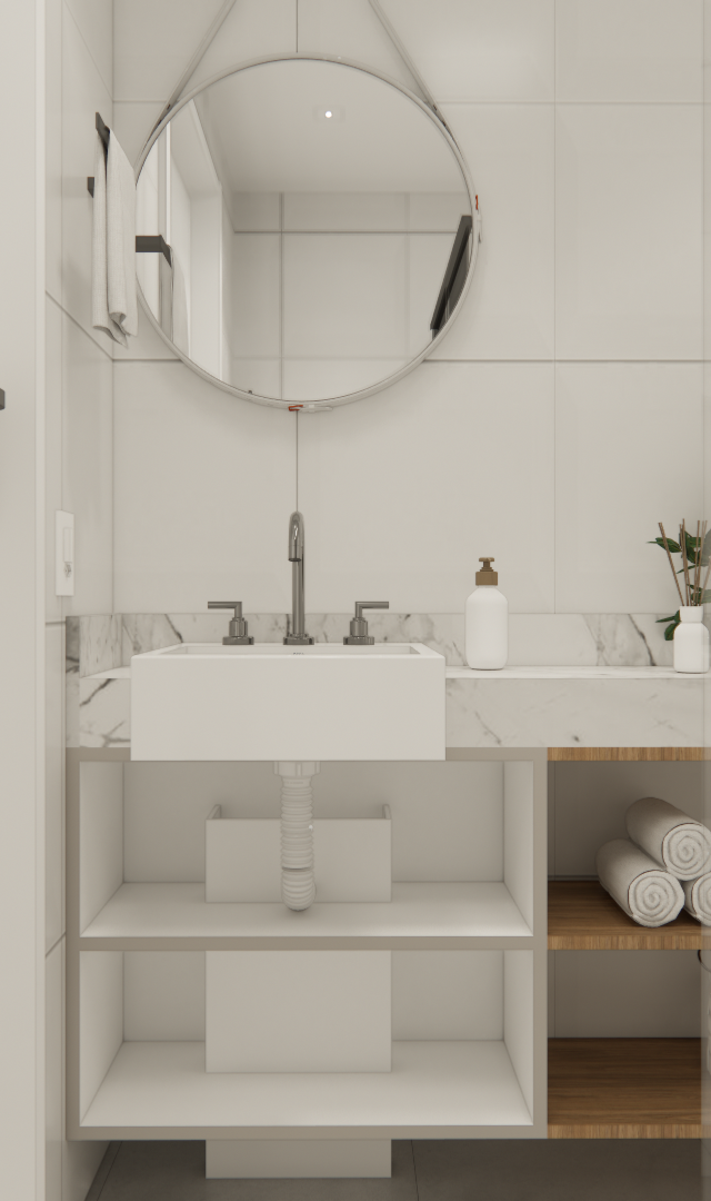 Render 3D de banheiro compacto com bancada de mármore, marcenaria branca e madeira, espelho redondo e tons claros