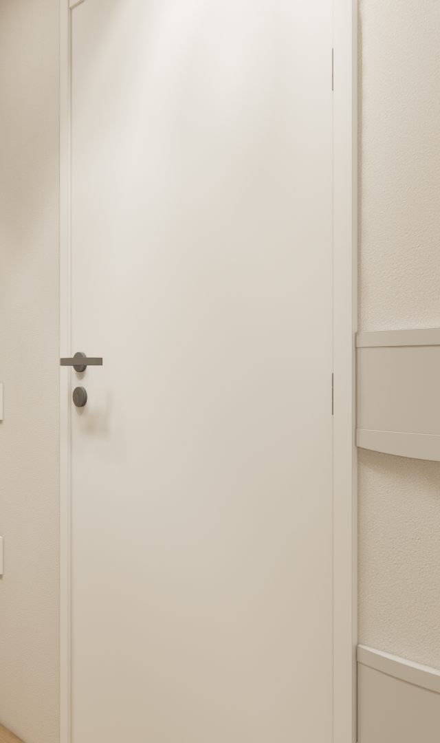 Render 3D de corredor de apartamento com porta branca, espelho oval, piso amadeirado e quarto ao fundo com luz natural