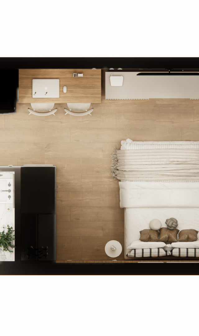 Planta baixa 3D de studio 31m² na Vila Madalena com piso amadeirado, cozinha linear, bancada de trabalho e cama central