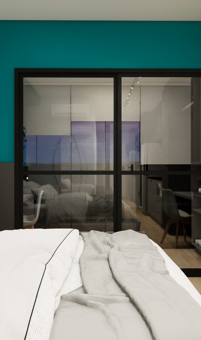 Render 3D de quarto com parede azul, marcenaria cinza, escrivaninha, cama branca e porta de correr de vidro para cozinha