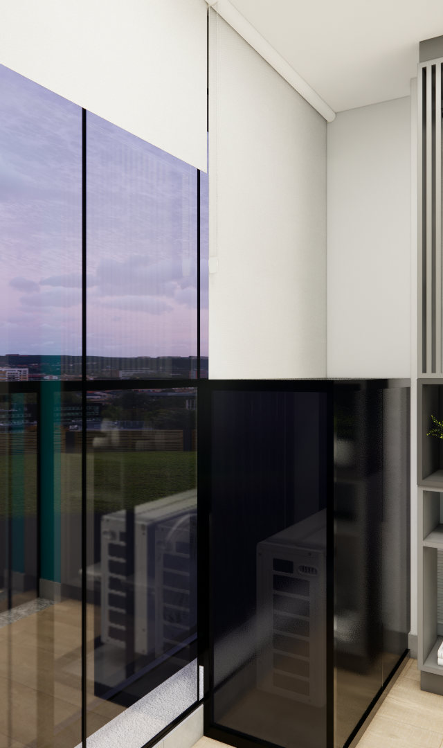 Render 3D de varanda gourmet com fechamento em vidro, marcenaria cinza ripada, nichos decorativos e vista urbana