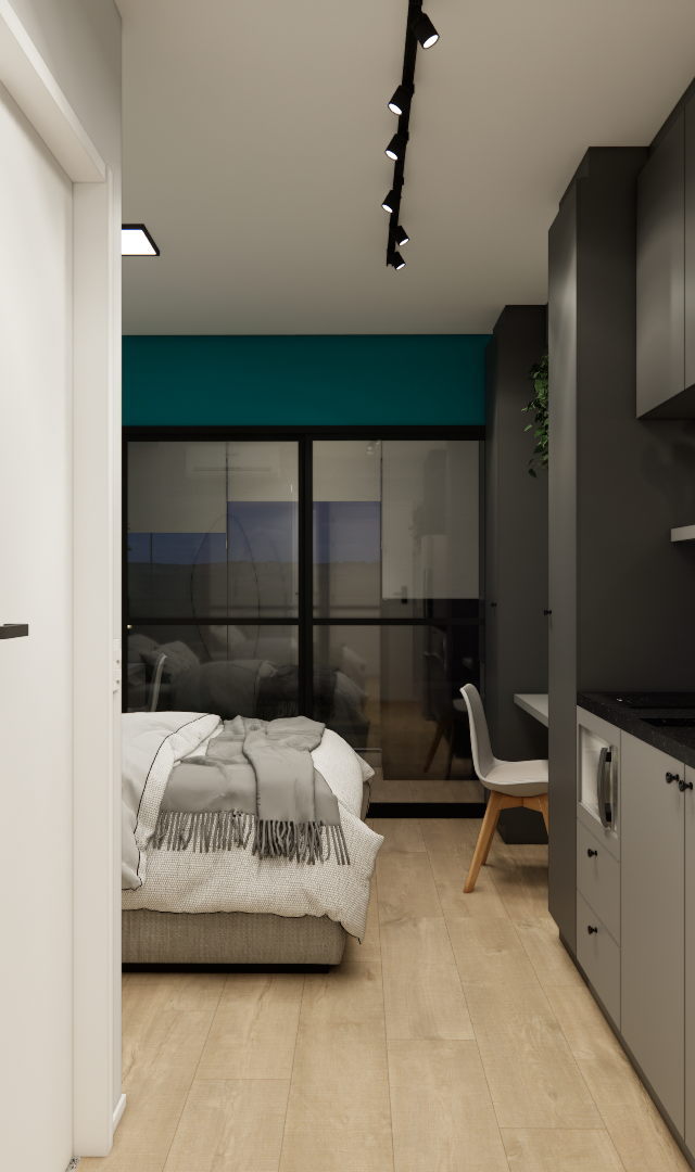 Render 3D de apartamento compacto com cozinha linear cinza, geladeira de inox, piso amadeirado e quarto ao fundo