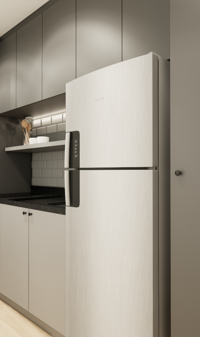 Render 3D de cozinha compacta cinza com armários, bancada preta, geladeira inox, ao lado de quarto com cama e piso claro