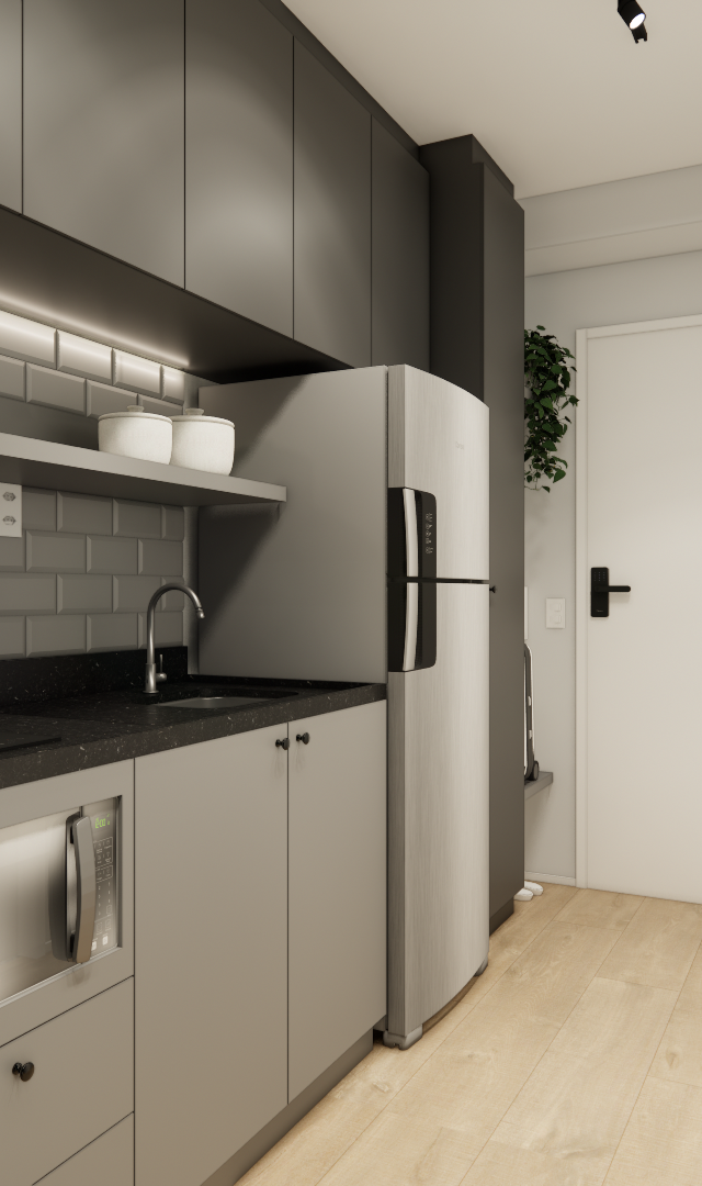 Render 3D de cozinha linear cinza, marcenaria planejada, bancada preta, revestimento tipo tijolinho e piso amadeirado