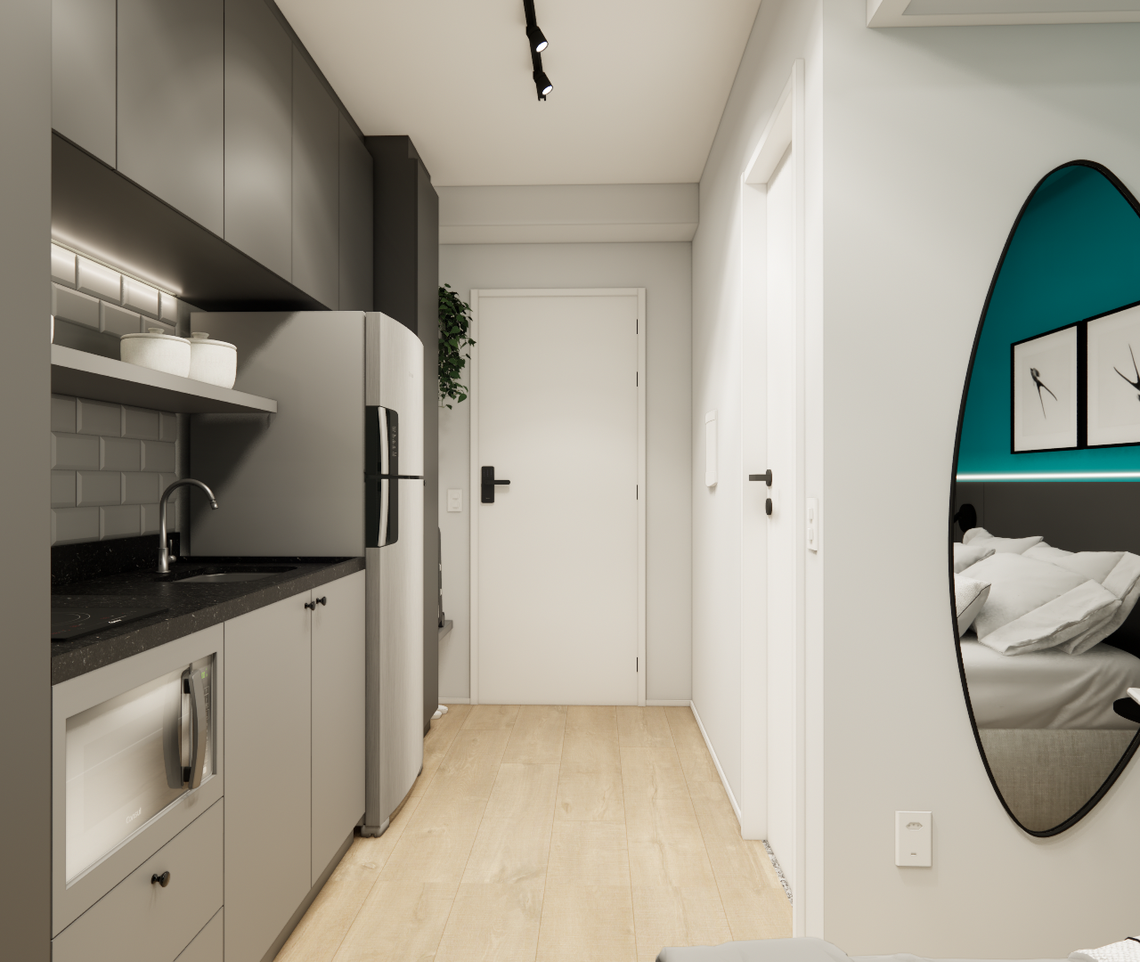 Render 3D de cozinha compacta cinza, piso amadeirado, bancada preta e espelho orgânico refletindo quarto com parede azul