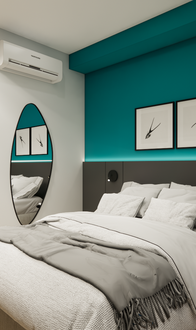 Render 3D de quarto pequeno com parede em azul petróleo, cabeceira cinza, espelho orgânico, iluminação led e tons neutros