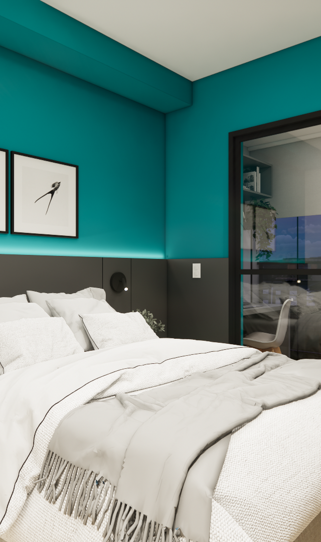Render 3D de dormitório com parede azul, cabeceira cinza, iluminação em LED, cama com enxoval branco e porta de vidro preta