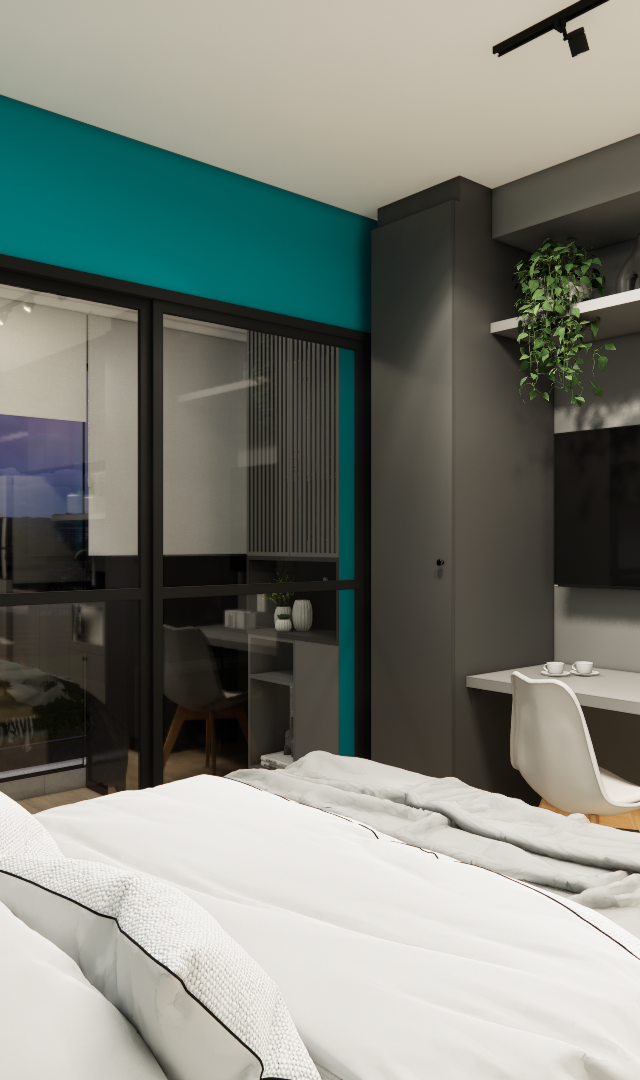 Render 3D de estúdio com parede azul, marcenaria cinza, cama, bancada de trabalho e divisória em vidro preta