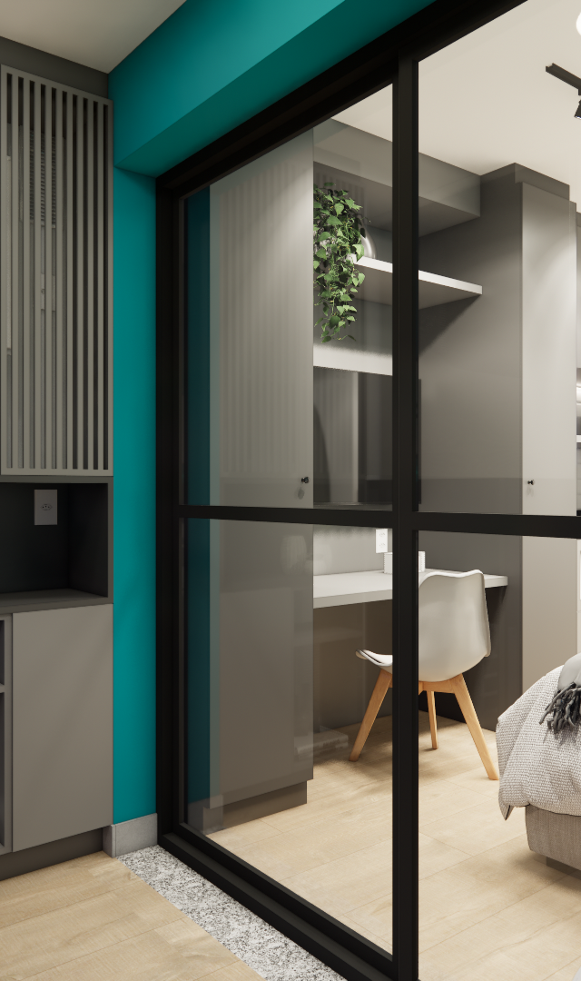 Render 3D de estúdio de 28m² com marcenaria cinza, parede azul, divisória de vidro e iluminação de trilho moderna
