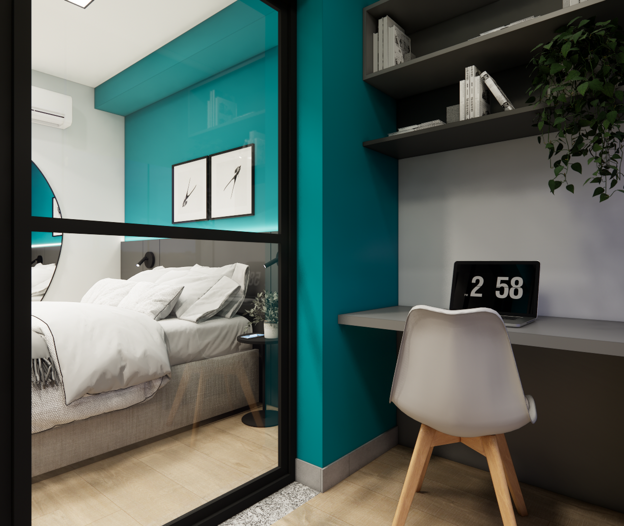 Render 3D de estúdio com divisória de vidro, parede azul, mesa de trabalho cinza, cadeira e quarto com cama de casal