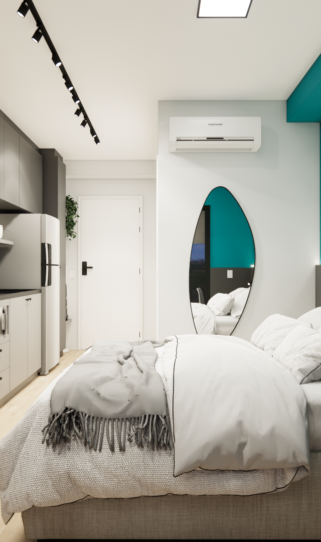 Render 3D de estúdio com parede azul, marcenaria cinza, cama, mesa de trabalho e iluminação em trilho no teto