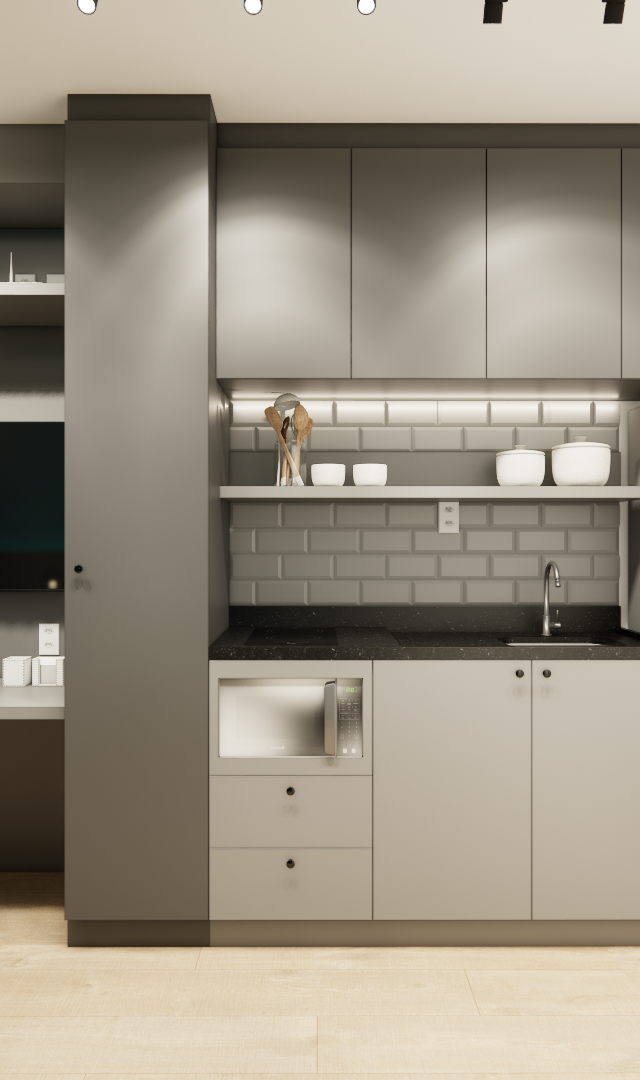 Render 3D de cozinha compacta e home office com marcenaria cinza, eletrodomésticos, iluminação linear e piso amadeirado
