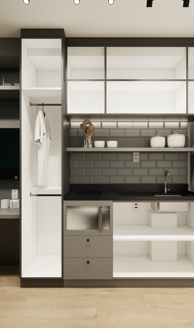 Render 3D de estúdio de 28 m² com marcenaria em tons cinza e branco, mesa de trabalho, cozinha compacta e piso amadeirado