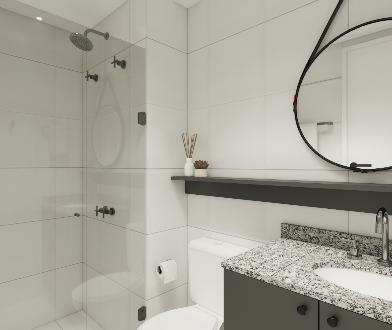 Render 3D de banheiro compacto com azulejos brancos, bancada em granito, gabinete cinza, metais pretos e espelho circular
