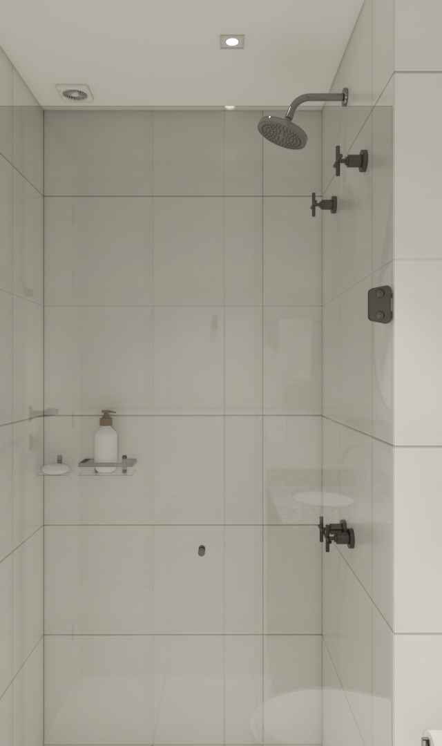 Render 3D de banheiro compacto com paredes em azulejo branco, box de vidro, metais pretos e prateleira decorativa
