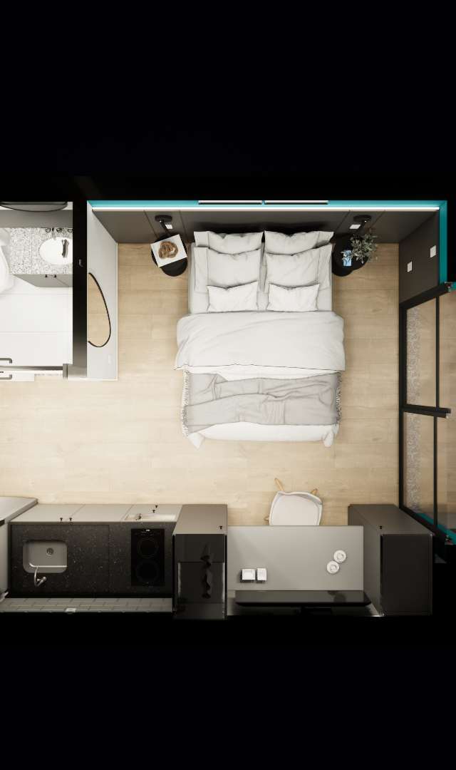 Planta baixa 3D de studio com banheiro, cozinha compacta, cama centralizada, mesa de trabalho e piso amadeirado claro