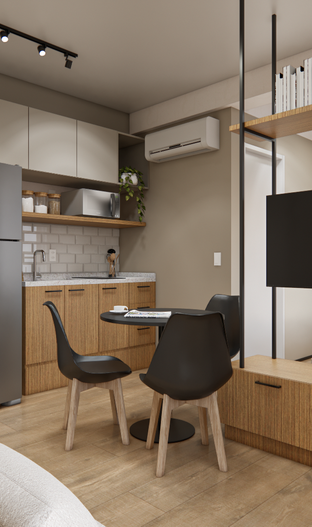 Render 3D de estúdio com cozinha integrada, marcenaria em madeira e cinza, mesa preta e divisória com TV em apartamento