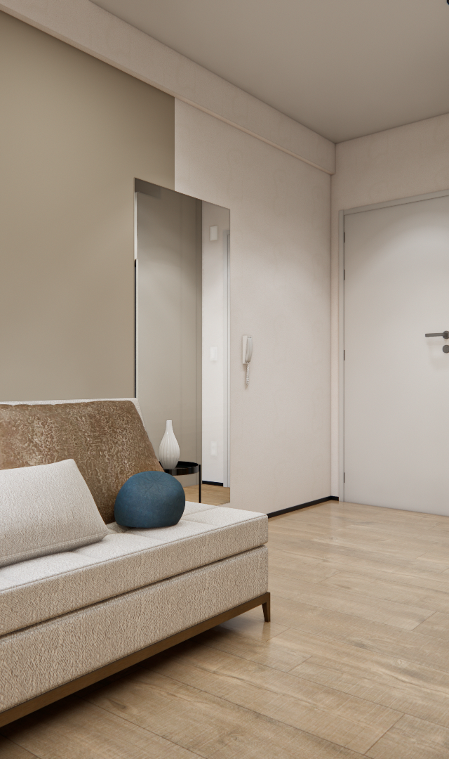 Render 3D de sala e cozinha integradas, tons neutros, sofá com almofadas, mesa preta e marcenaria em madeira e bege